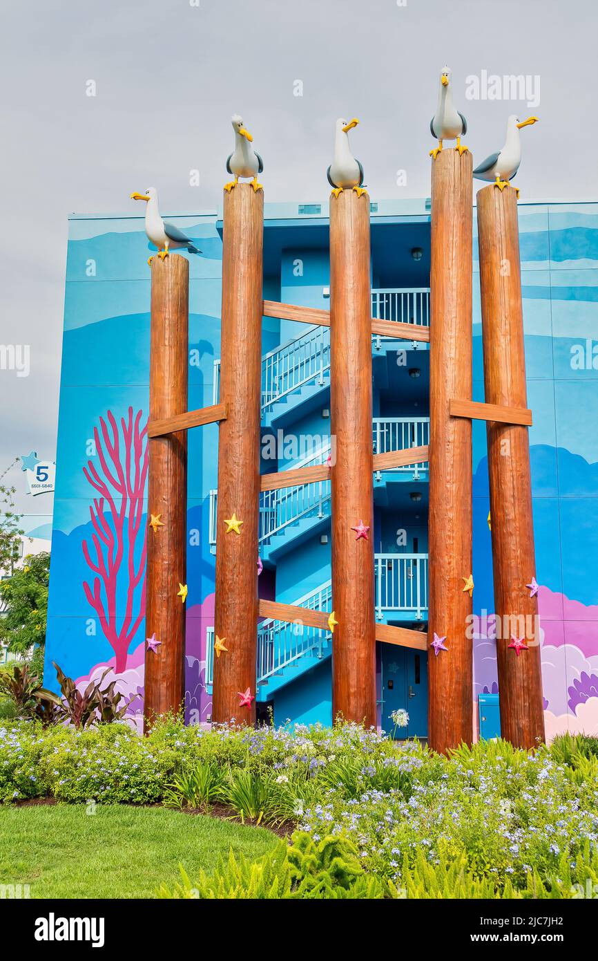 Blick auf den Charakter, der im Disney`s Art of Animation Resort in Walt Disney World thematisiert wird Stockfoto